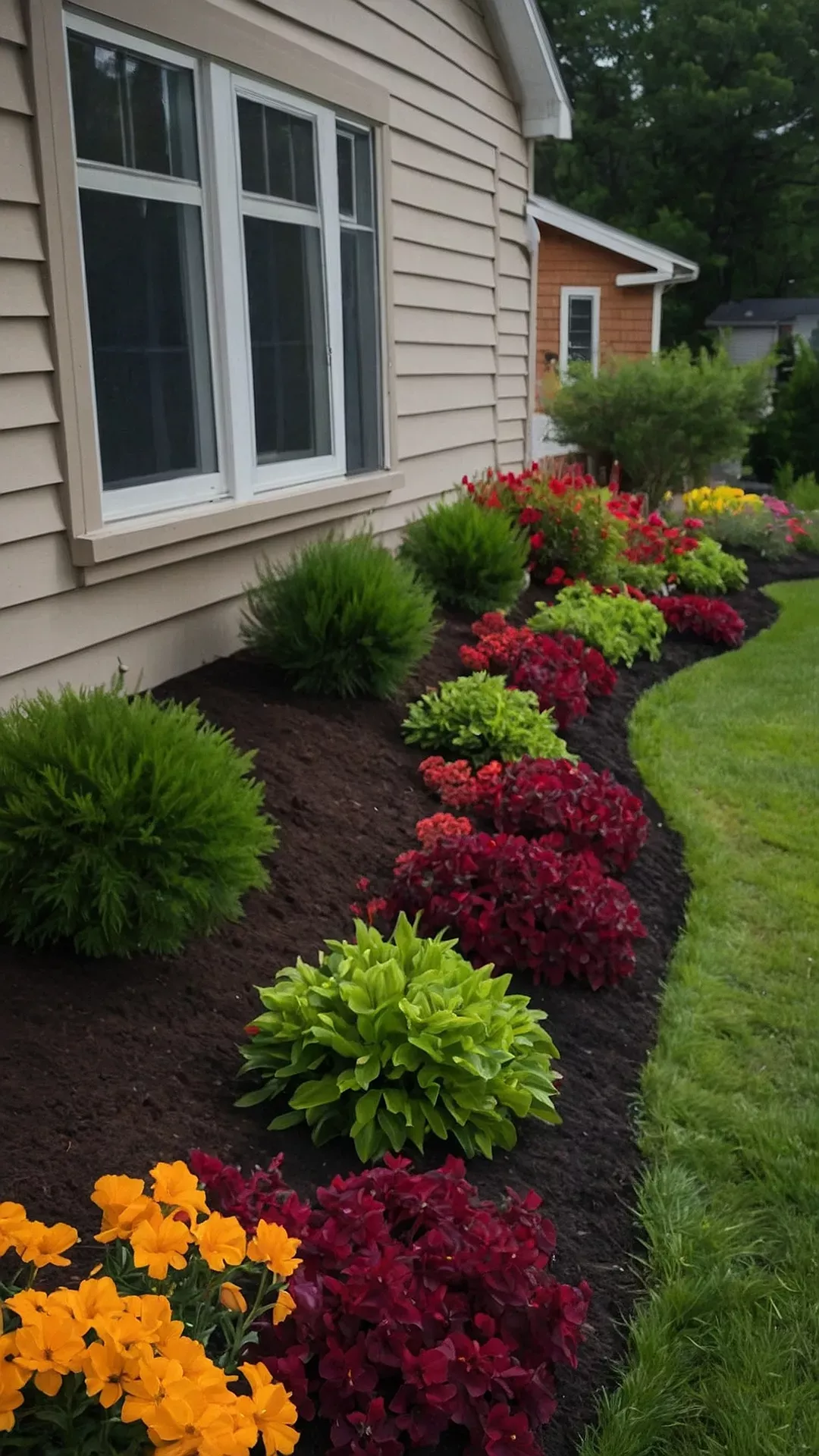 Beautiful landscaping with stone pathway and colorful plants