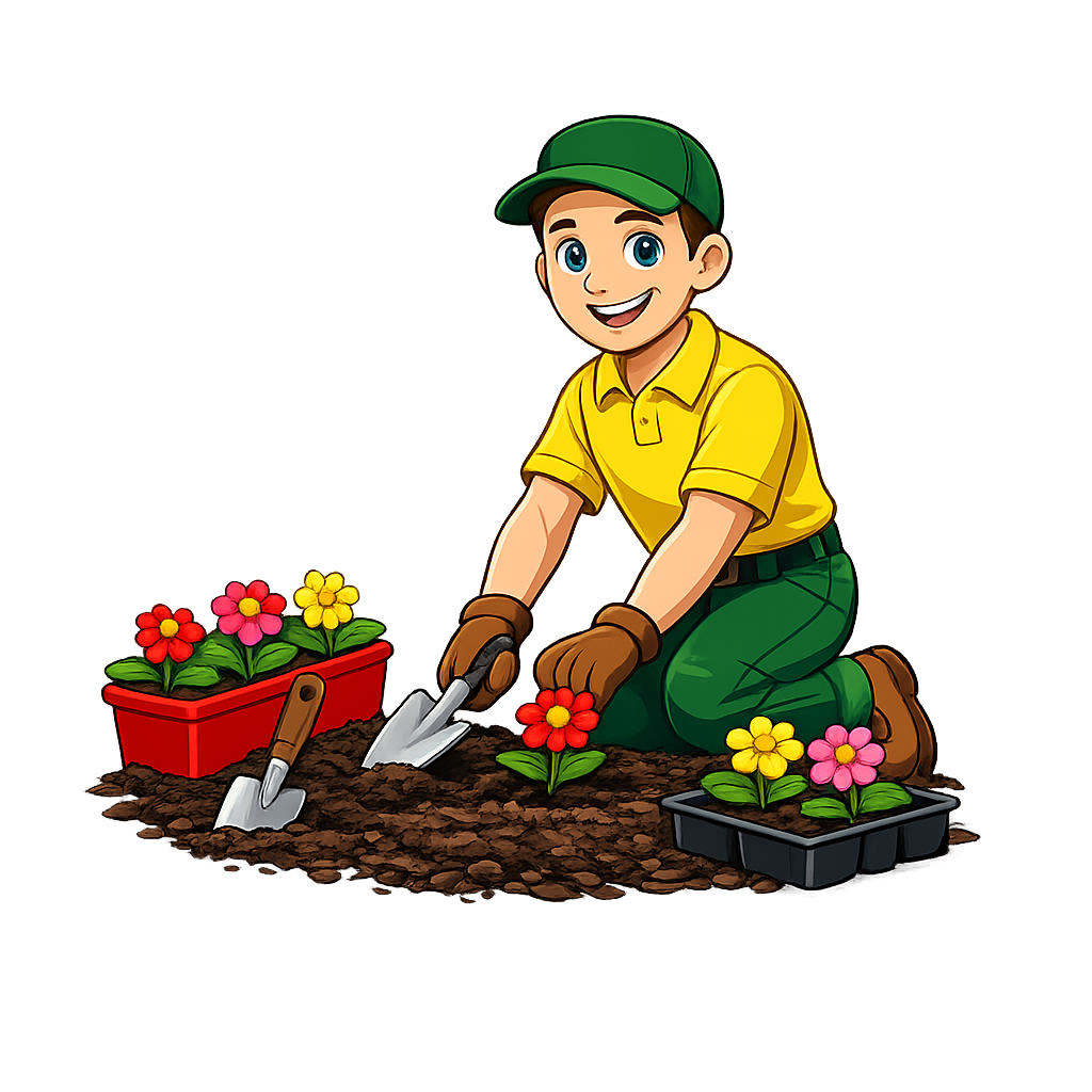 Cartoon mascot planting flowers