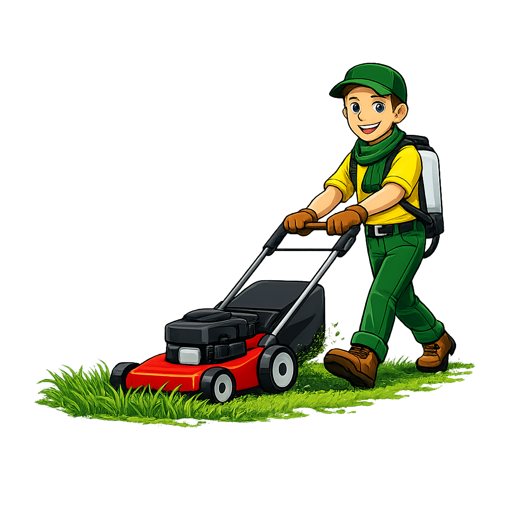 Cartoon mascot pushing a lawn mower