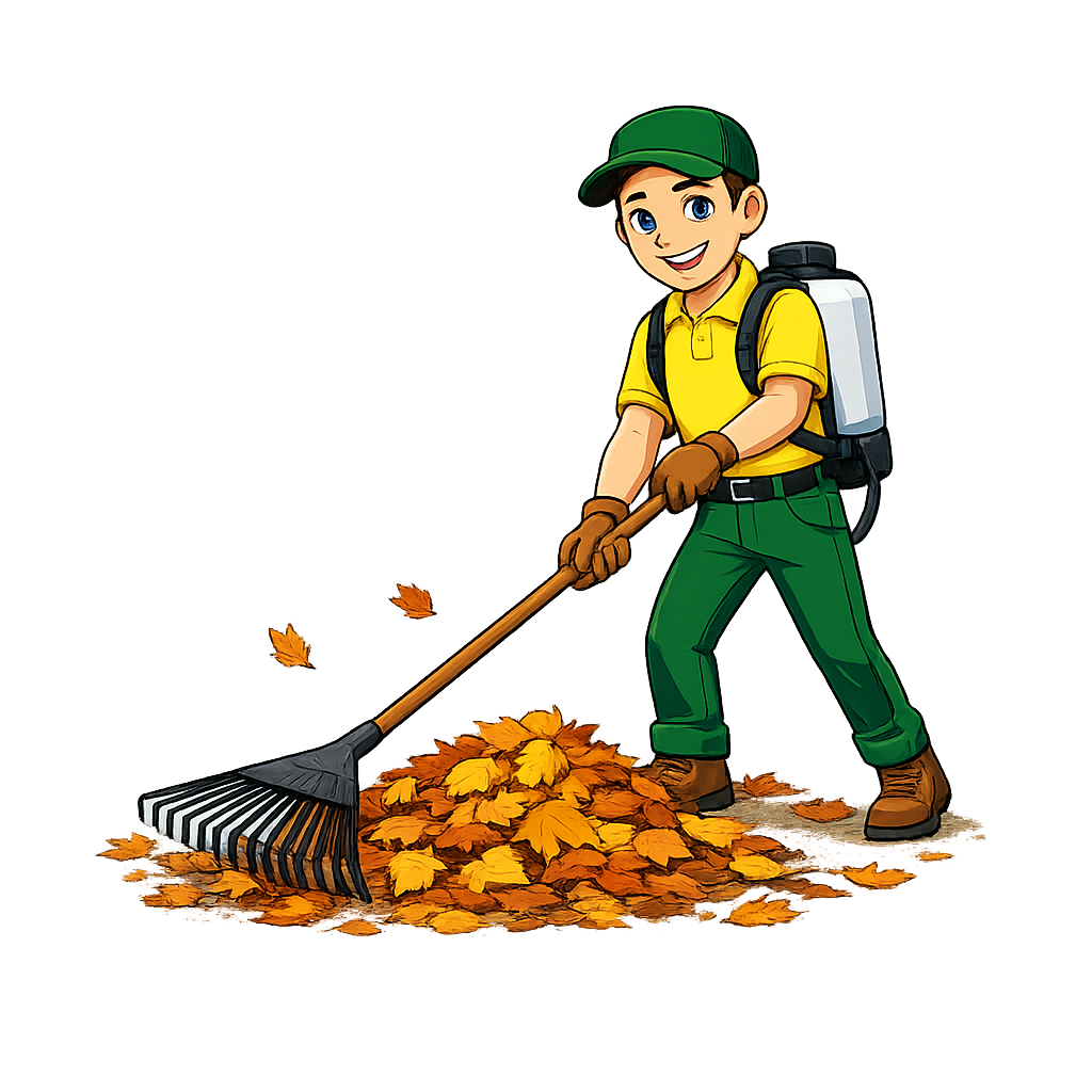 Cartoon mascot raking autumn leaves