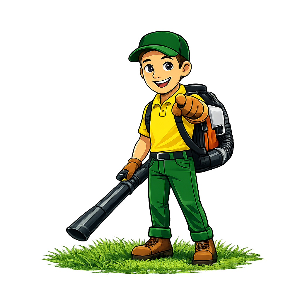 Cartoon mascot spraying lawn